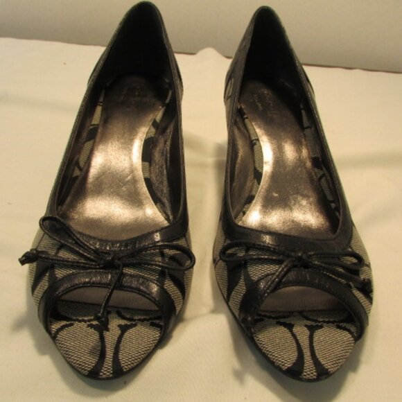 Coach Gavin Black & Grey Signature Canvas Open Toed Wedge Heel - Picture 2 of 13